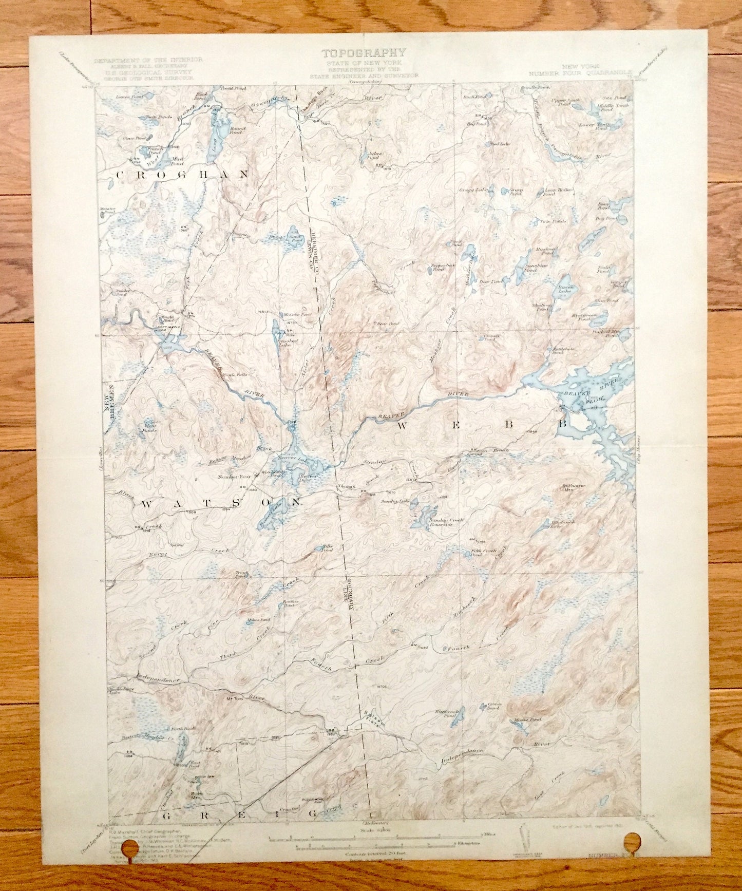 Antique Number Four, New York 1915 US Geological Survey Topographic Map - Croghan, New Bremen, Watson, Webb Greig Beaver Lake Adirondacks NY