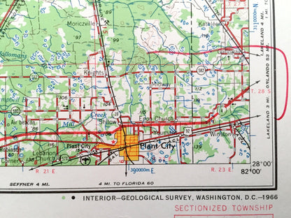 Antique Plant City, Florida 1955 US Geological Survey Topographic Map – Tampa, Dunedin, New Port Richey, Zephyrhillis, Dade City, Wildwood