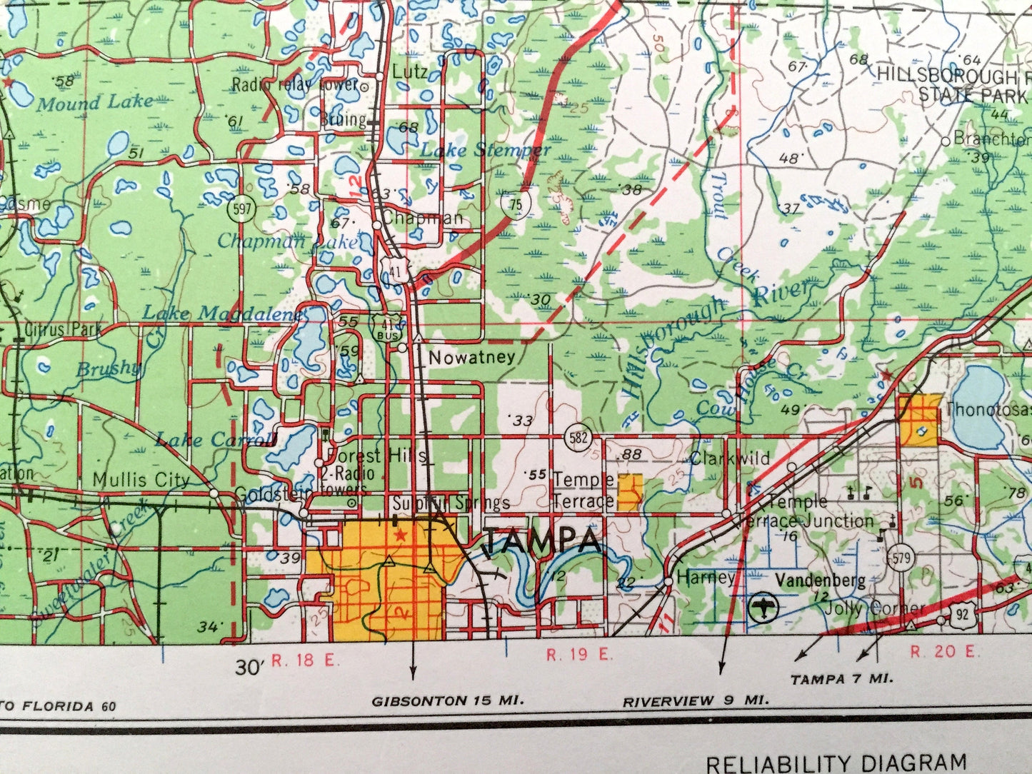 Antique Plant City, Florida 1955 US Geological Survey Topographic Map – Tampa, Dunedin, New Port Richey, Zephyrhillis, Dade City, Wildwood