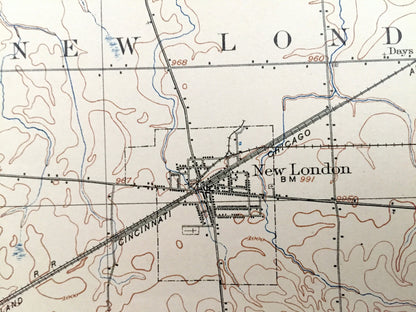 Antique New London, Ohio 1908 US Geological Survey Topographic Map - Greenwich, Ruggles, Troy, Sullivan, Rochester, Fitchville, Clarksfield