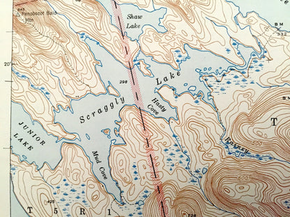 Antique Scraggly Lake, Maine 1944 US Geological Survey Topographic Map– Penobscot, Washington County, Talmadge, Grand Lake Stream, Topsfield