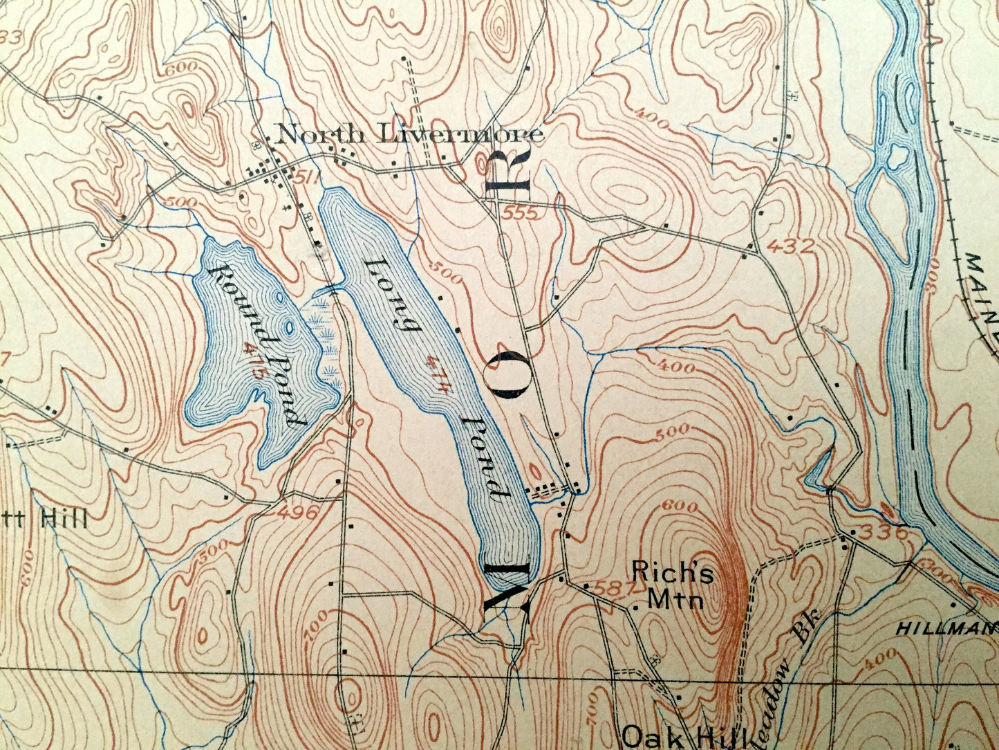 Antique Livermore Falls, Maine 1912 US Geological Survey Topographic Map – Androscoggin River & Lake, Wayne, Leeds, Fayette, Mount Vernon