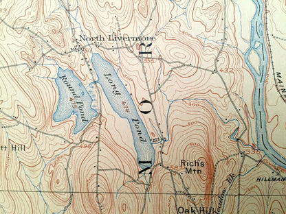 Antique Livermore Falls, Maine 1912 US Geological Survey Topographic Map – Androscoggin River & Lake, Wayne, Leeds, Fayette, Mount Vernon