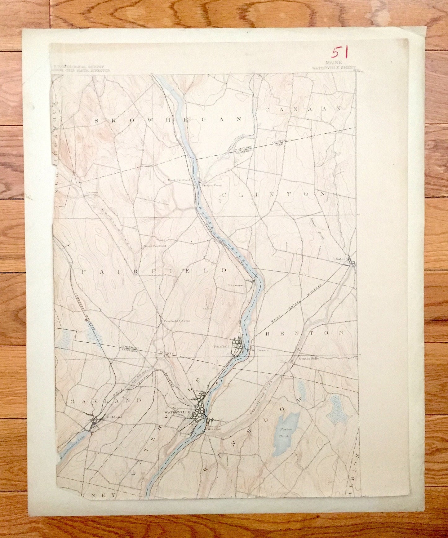 Antique Waterville, Maine 1892 US Geological Survey Topographic Map – Skowhegan, Fairfield, Benton, Oakland, Somerset Kennebec Colby College