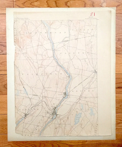 Antique Waterville, Maine 1892 US Geological Survey Topographic Map – Skowhegan, Fairfield, Benton, Oakland, Somerset Kennebec Colby College