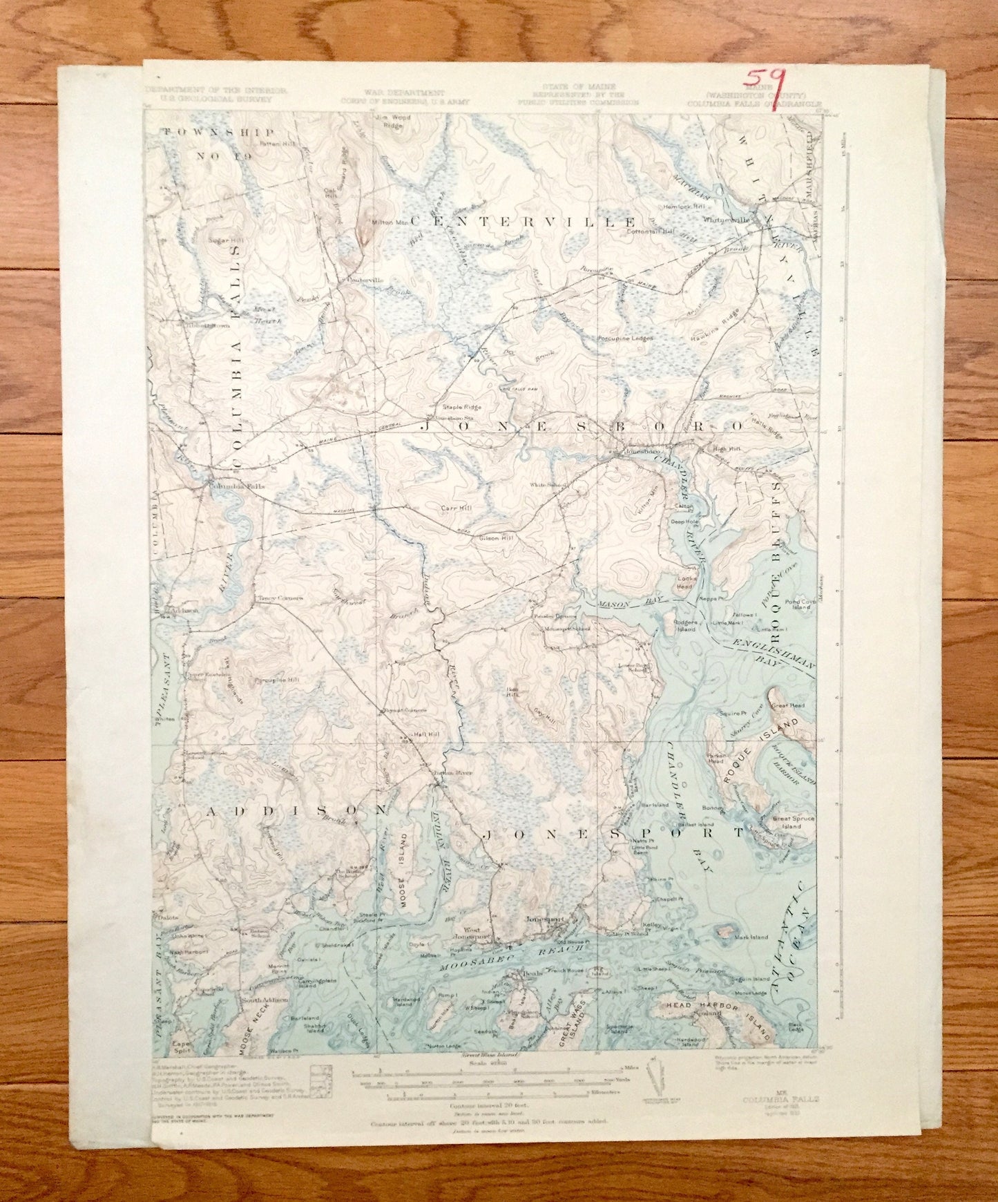 Antique Columbia Falls, Maine 1921 US Geological Survey Topographic Map – Jonesport, Jonesboro, Addison, Roque Bluffs, Marshfield Sealand ME