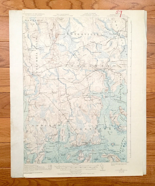 Antique Columbia Falls, Maine 1921 US Geological Survey Topographic Map – Jonesport, Jonesboro, Addison, Roque Bluffs, Marshfield Sealand ME