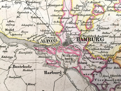 Antique 1855 Holstein, Lauenburg, Hamburg, Lübeck Map from Sohr Berghaus Atlas by Carl Flemming – Germany, Altona, Stade, Kiel, Bad Oldesloe