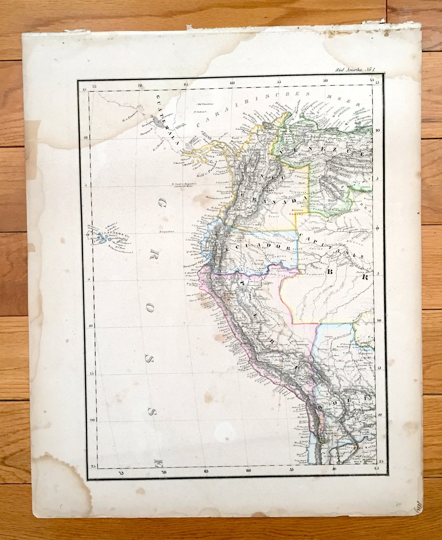 Antique 1855 South America Map from Sohr Berghaus Atlas by Carl Flemming – Süd Amerika, Venezuela, Colombia, Brazil, Peru, Galápagos Islands