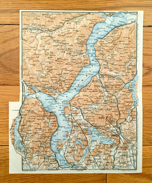Antique 1904 Lago Maggiore, Italy Map from Baedekers Guide – Lombardy, Piedmont, Varese, Locarno, Pallanza, Stresa, Luino, Arona, Angera