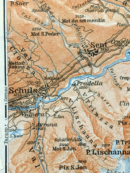 Antique 1913 Scuol, Switzerland Map from Baedekers Guide Atlas – Schuls, Sent, Martina, Martinsbruck, Ramosch, Engadine Valley, Muttler Alps