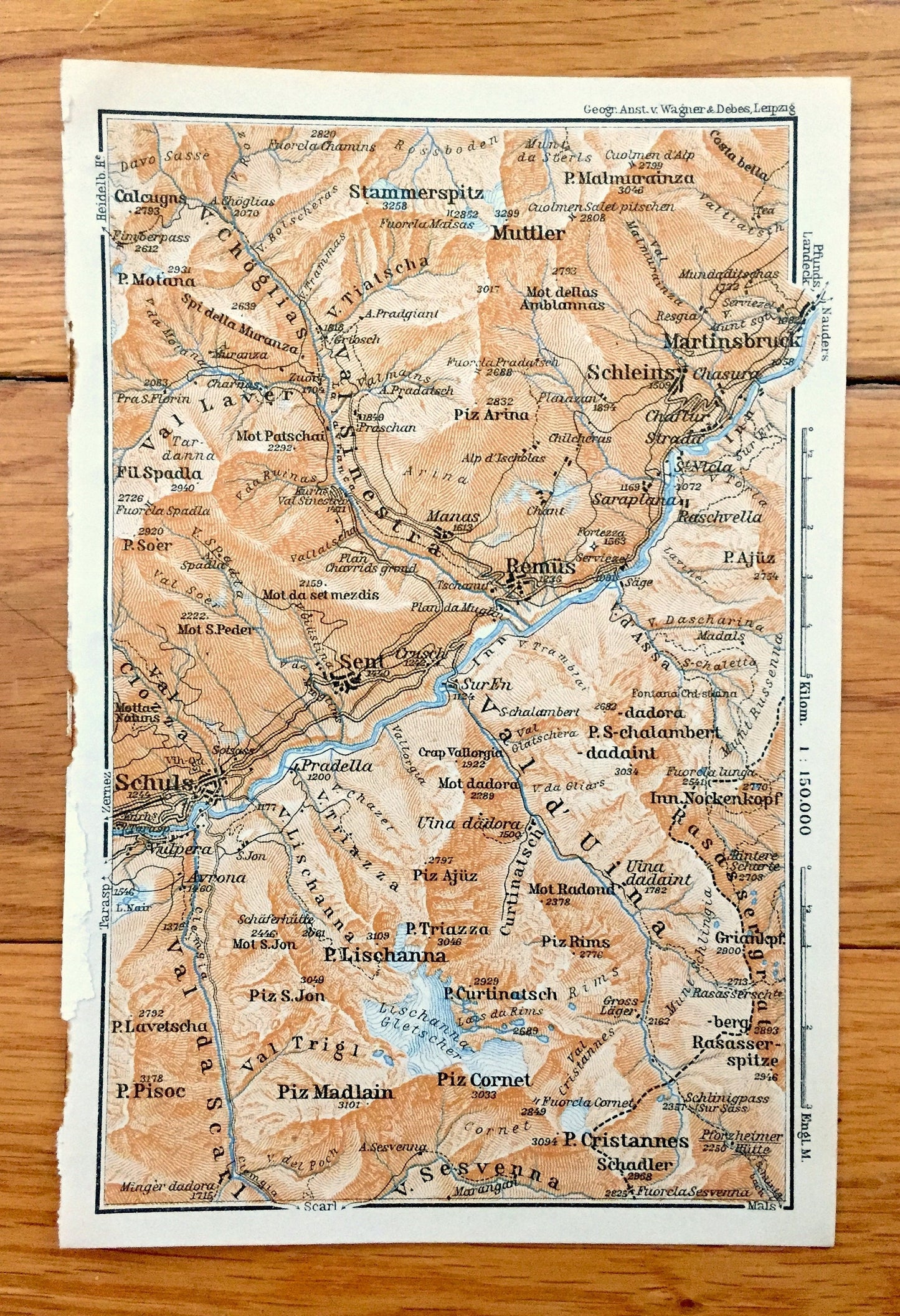 Antique 1913 Scuol, Switzerland Map from Baedekers Guide Atlas – Schuls, Sent, Martina, Martinsbruck, Ramosch, Engadine Valley, Muttler Alps