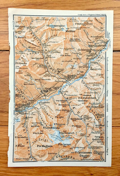 Antique 1913 Scuol, Switzerland Map from Baedekers Guide Atlas – Schuls, Sent, Martina, Martinsbruck, Ramosch, Engadine Valley, Muttler Alps