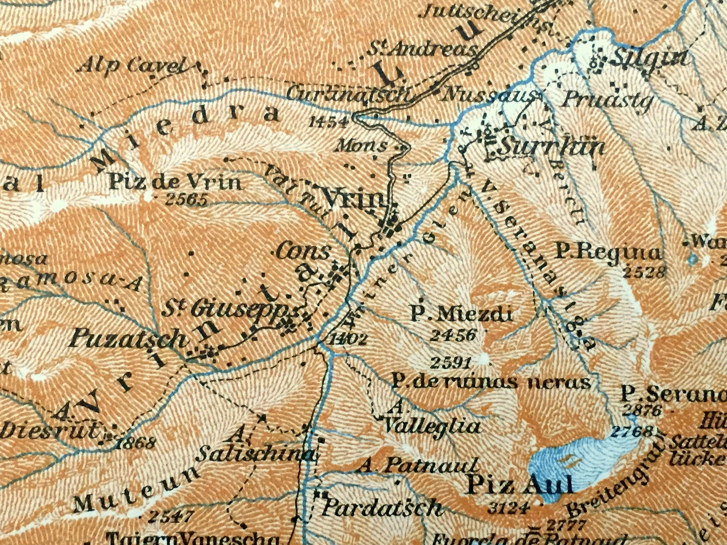 Antique 1913 Vals Platz, Switzerland Map from Baedekers Guide Atlas – Hinterrhein, Vrin, Safien Platz, Medels, Sphigen, Nufenen, Rothorn