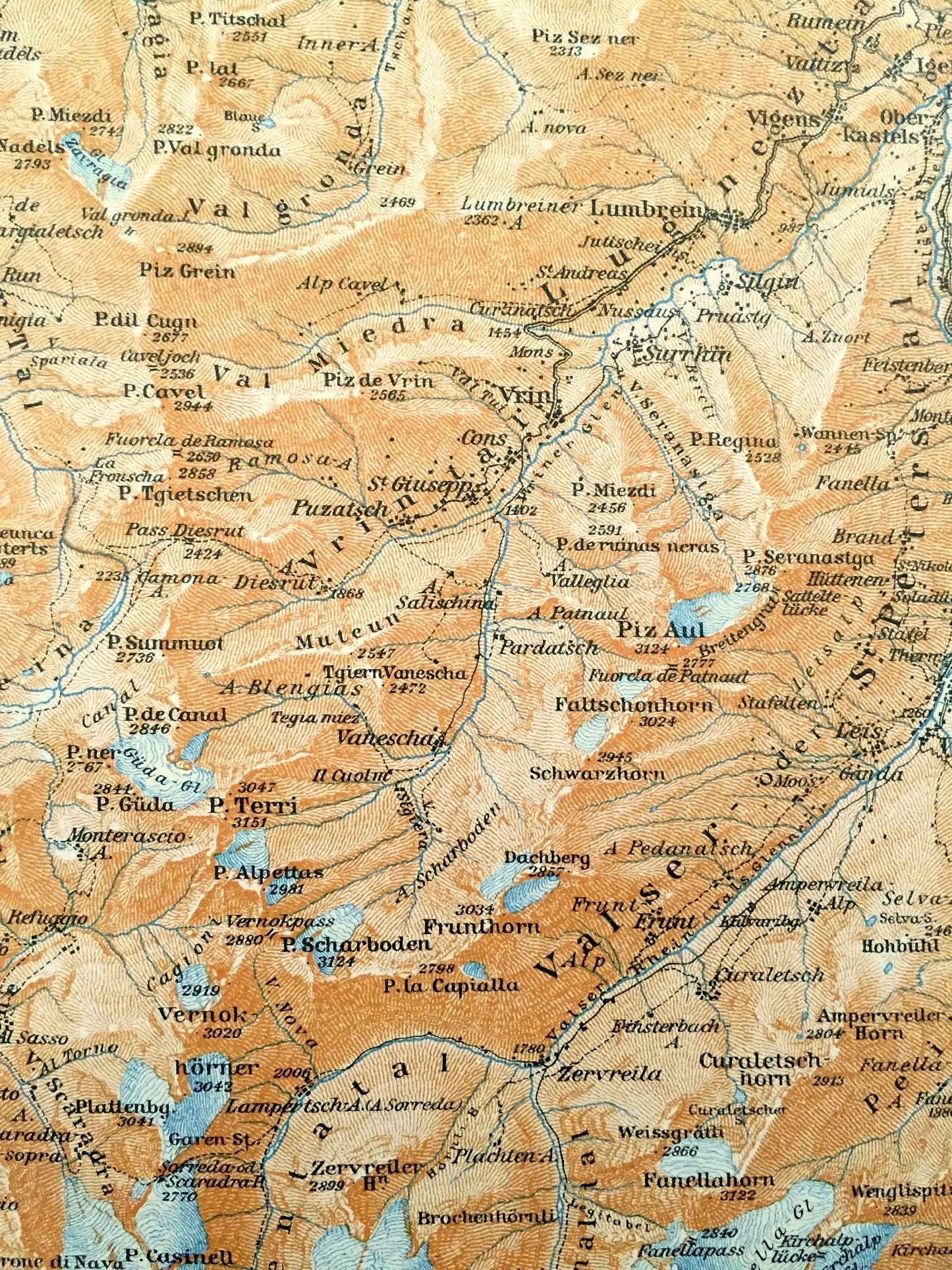 Antique 1913 Vals Platz, Switzerland Map from Baedekers Guide Atlas – Hinterrhein, Vrin, Safien Platz, Medels, Sphigen, Nufenen, Rothorn
