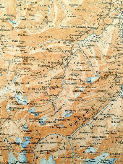 Antique 1913 Vals Platz, Switzerland Map from Baedekers Guide Atlas – Hinterrhein, Vrin, Safien Platz, Medels, Sphigen, Nufenen, Rothorn