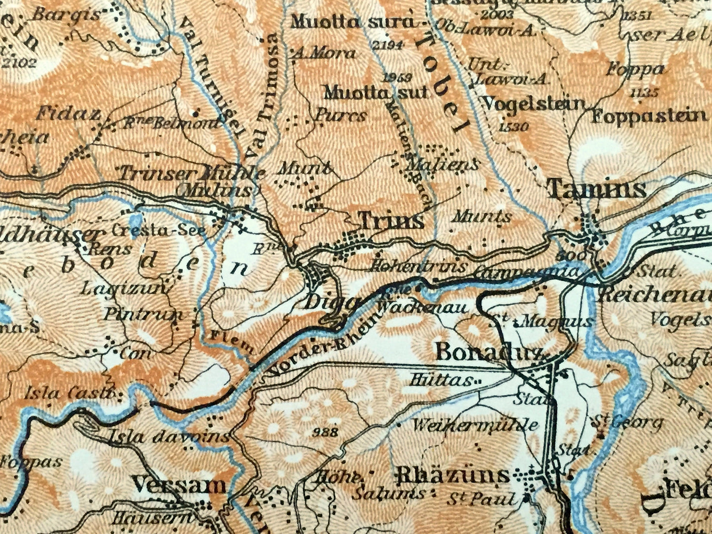 Antique 1913 Ilanz, Switzerland Map from Baedekers Guide Atlas – Tamins, Elm, Flond, Schleuis, Bonaduz, Brigels, Panix, Andest, Fellers