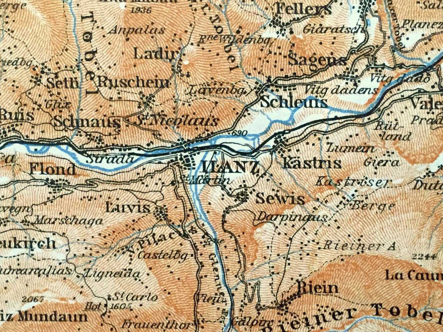Antique 1913 Ilanz, Switzerland Map from Baedekers Guide Atlas – Tamins, Elm, Flond, Schleuis, Bonaduz, Brigels, Panix, Andest, Fellers