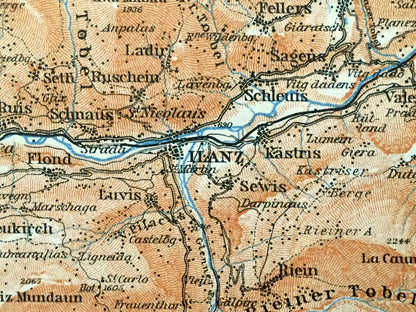 Antique 1913 Ilanz, Switzerland Map from Baedekers Guide Atlas – Tamins, Elm, Flond, Schleuis, Bonaduz, Brigels, Panix, Andest, Fellers