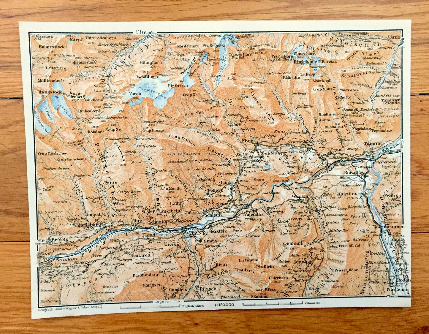 Antique 1913 Ilanz, Switzerland Map from Baedekers Guide Atlas – Tamins, Elm, Flond, Schleuis, Bonaduz, Brigels, Panix, Andest, Fellers