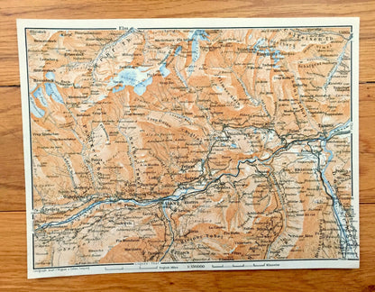 Antique 1913 Ilanz, Switzerland Map from Baedekers Guide Atlas – Tamins, Elm, Flond, Schleuis, Bonaduz, Brigels, Panix, Andest, Fellers