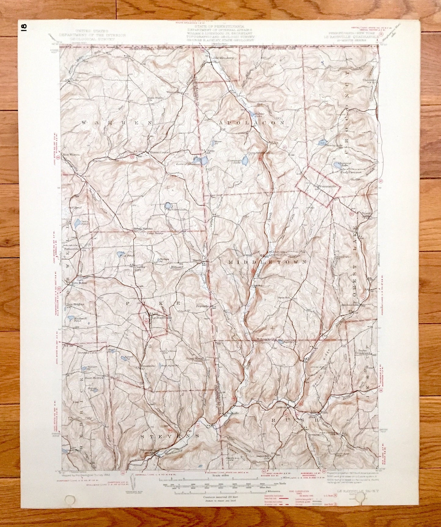 Antique Le Raysville, Pennsylvania 1943 US Geological Survey Topographic Map - Pike, Middletown, Rush, Stevens, Herrick, Orwell, Warren