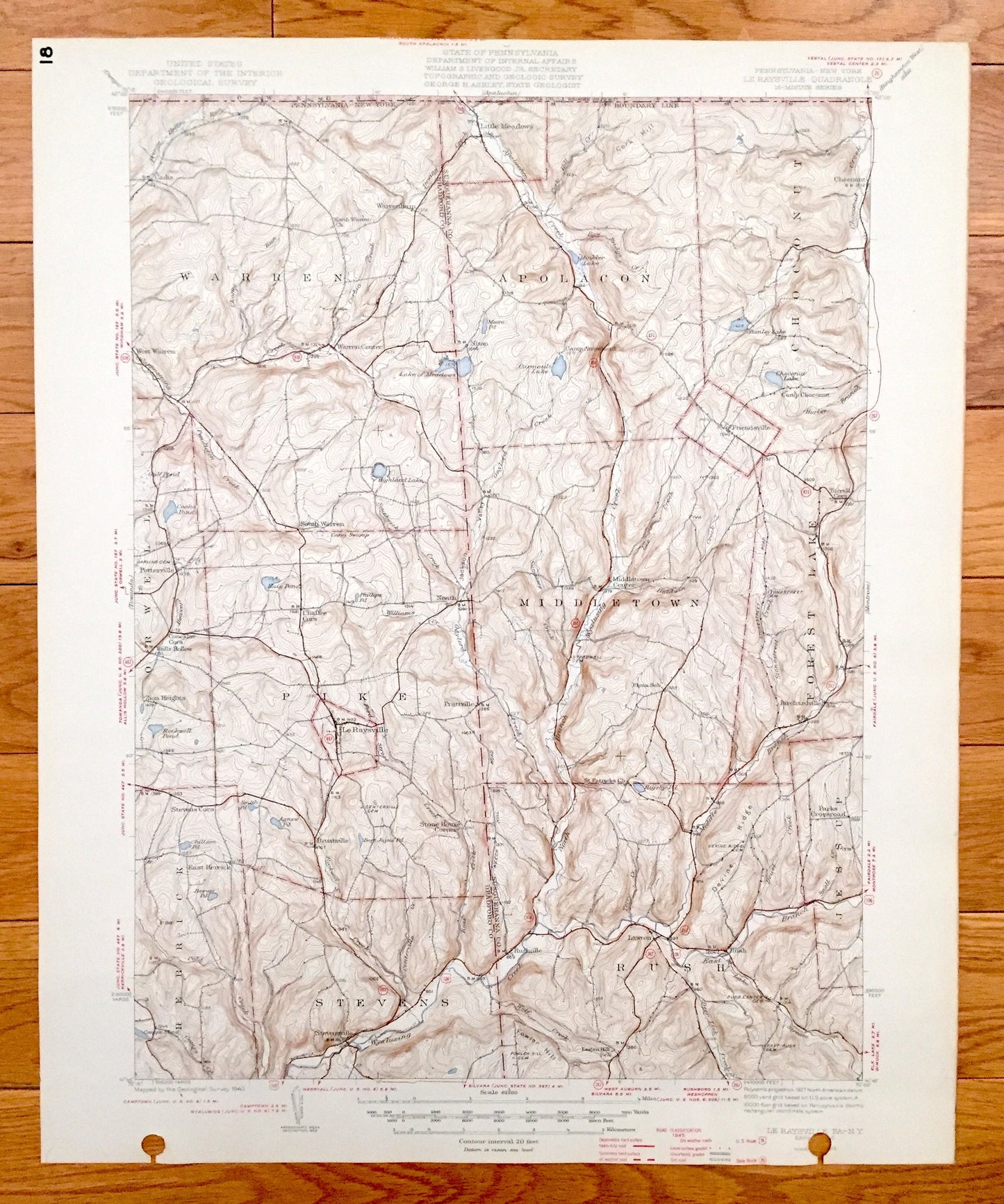 Antique Le Raysville, Pennsylvania 1943 US Geological Survey Topographic Map - Pike, Middletown, Rush, Stevens, Herrick, Orwell, Warren