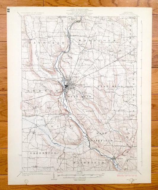 Antique Meadville, Pennsylvania 1925 US Geological Survey Topographic Map - Vernon, Hayfield, Woodcock, Richmond, Randolph, Greenwood, Union