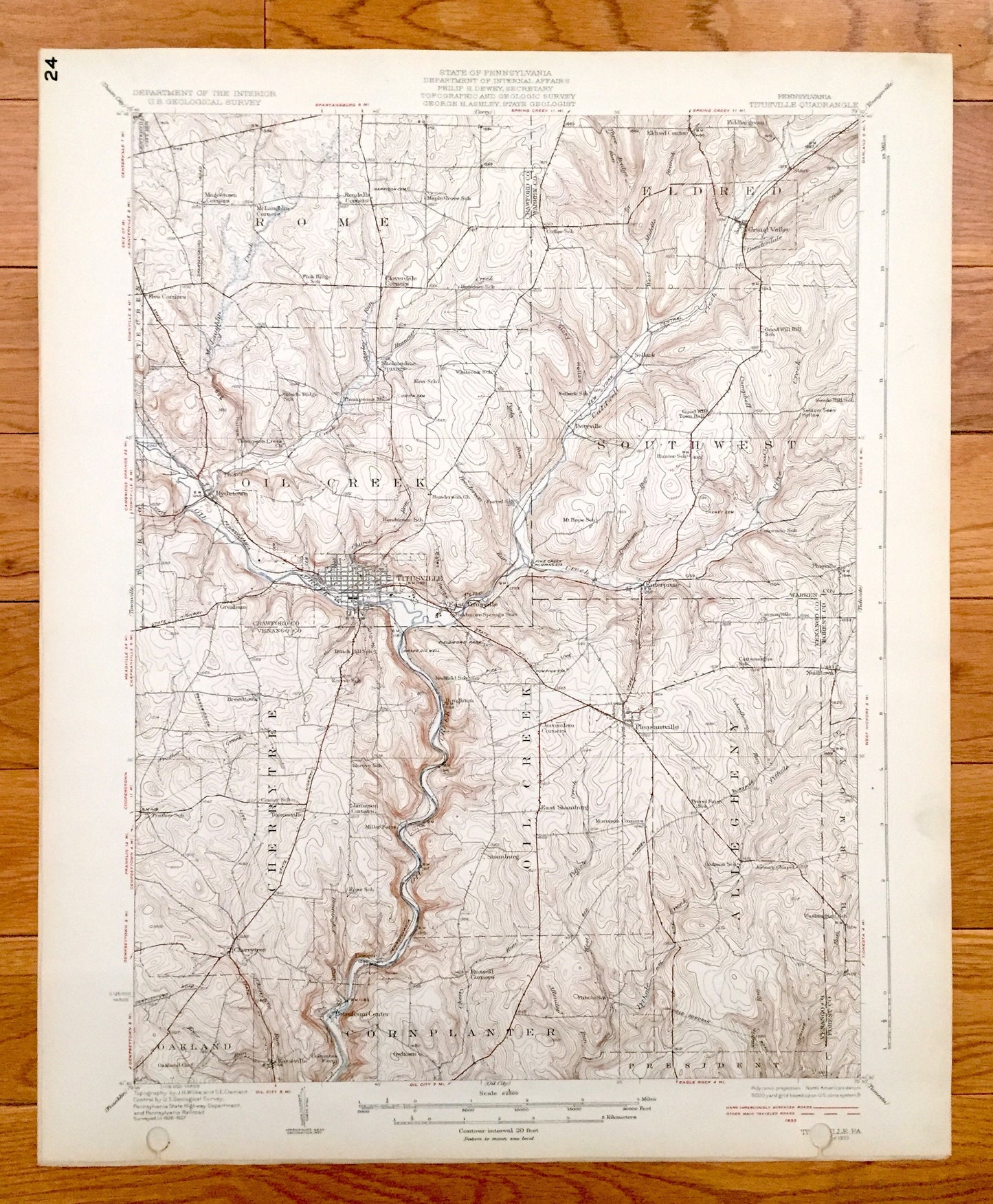 Antique Titusville, Pennsylvania 1933 US Geological Survey Topographic Map - Rome, Eldred, Southwest, Cherry Tree, Oakland, Cornplanter, PA