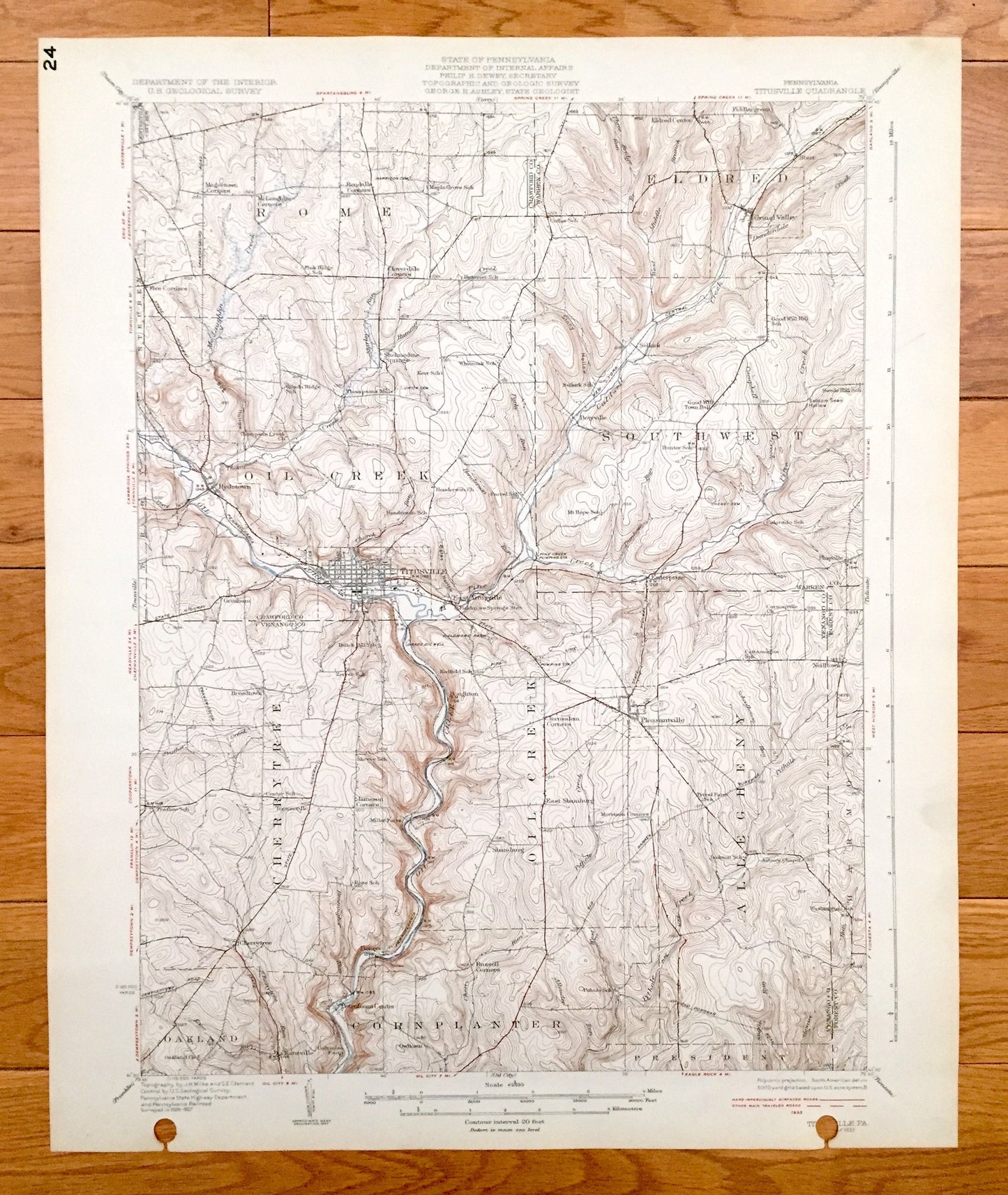 Antique Titusville, Pennsylvania 1933 US Geological Survey Topographic Map - Rome, Eldred, Southwest, Cherry Tree, Oakland, Cornplanter, PA