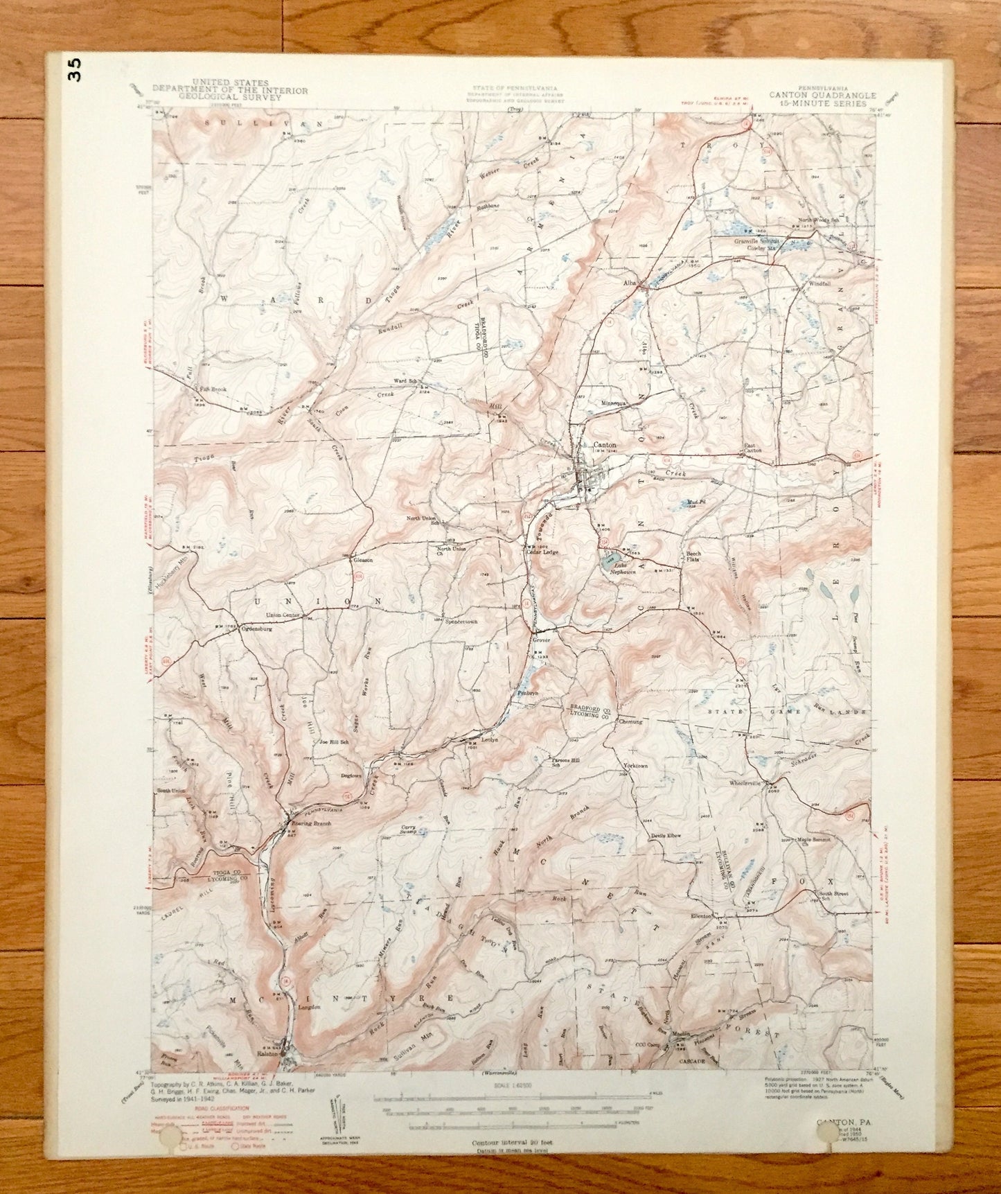 Antique Canton, Pennsylvania 1944 US Geological Survey Topographic Map - Sullivan, Ward, Armenia, Troy, Granville, Leroy, Union, McIntyre