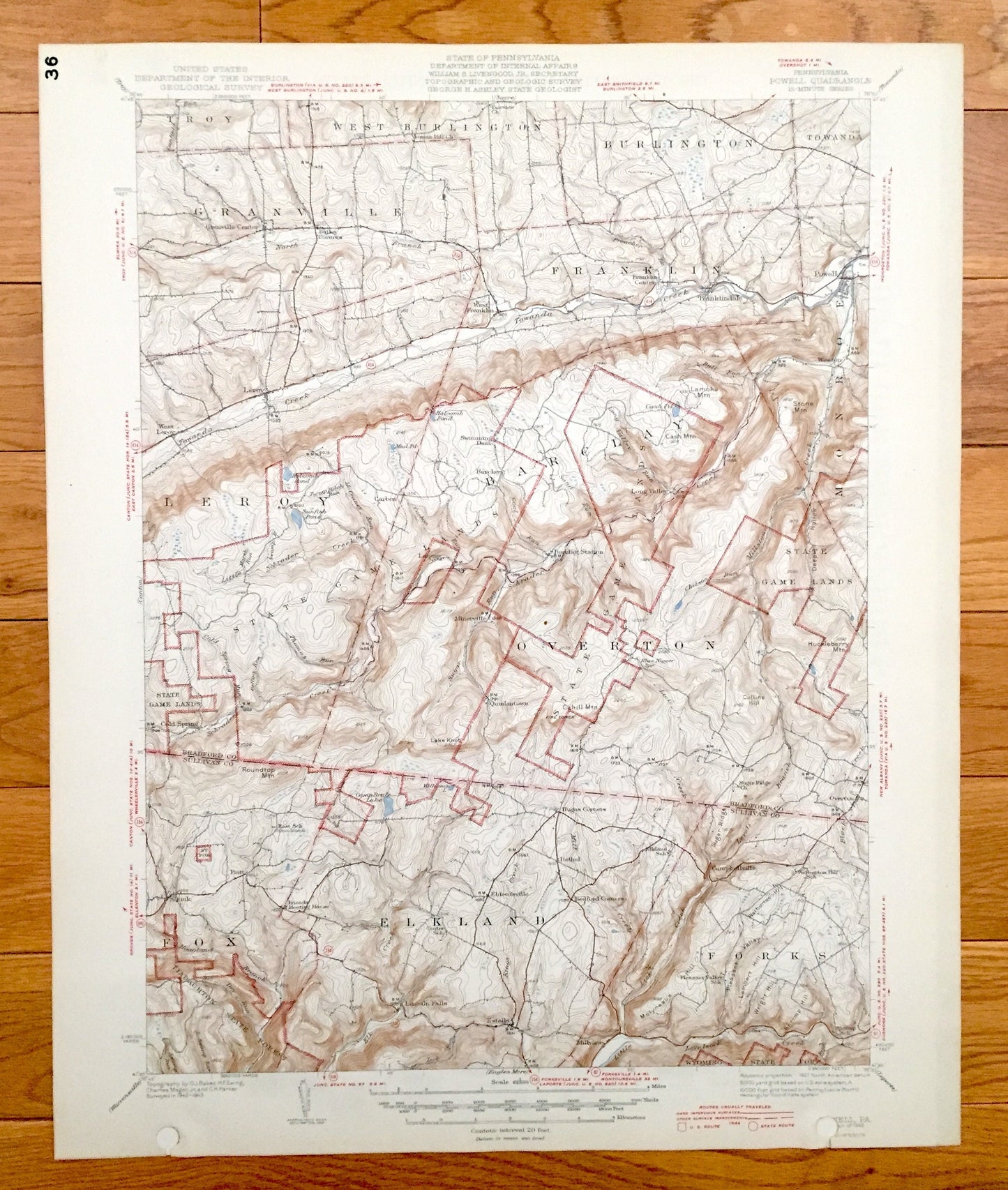 Antique Powell, Pennsylvania 1945 US Geological Survey Topographic Map – Bradford, Sullivan County, Monroe, Towanda, Burlington, Franklin PA