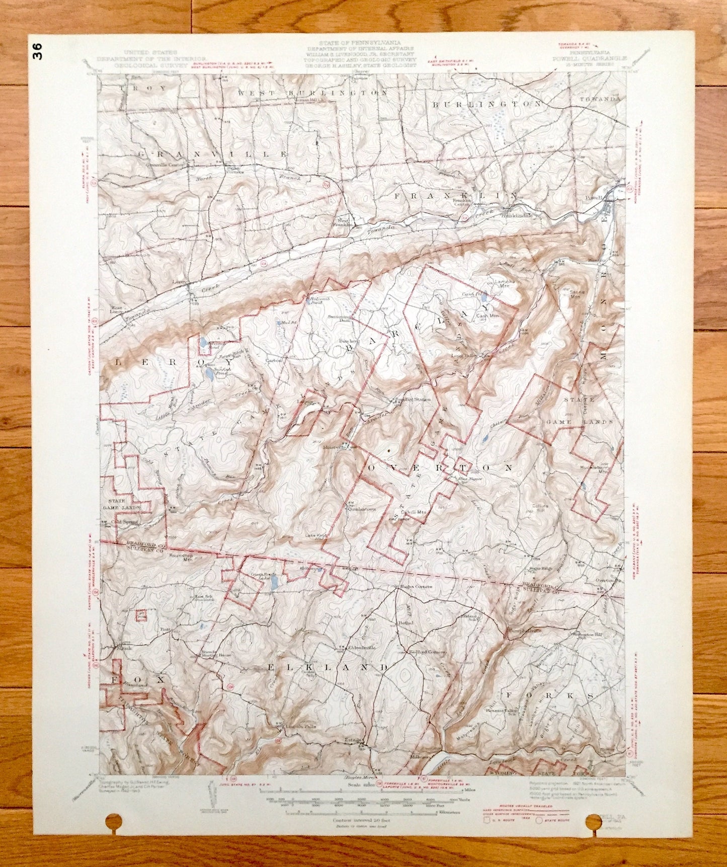 Antique Powell, Pennsylvania 1945 US Geological Survey Topographic Map – Bradford, Sullivan County, Monroe, Towanda, Burlington, Franklin PA