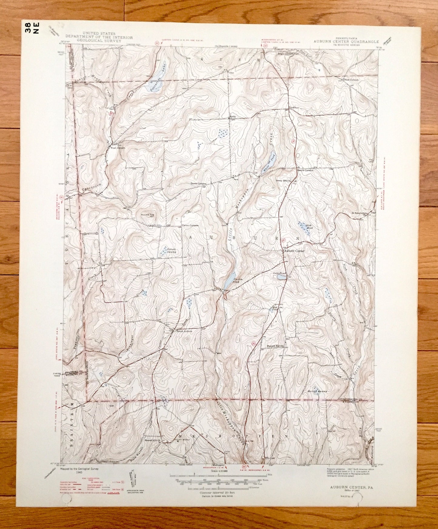 Antique Auburn Center, Pennsylvania 1947 US Geological Survey Topographic Map - Rush, Braintrim, Meshoppen, Washington, Tuscarora, Retta