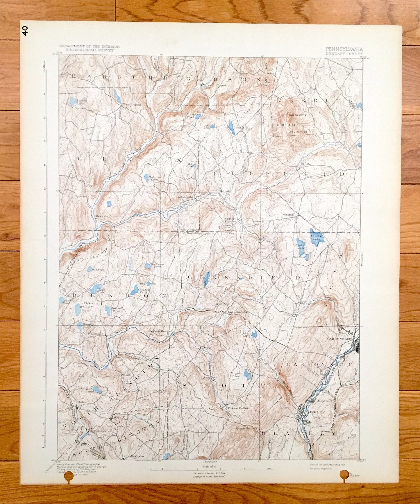 Antique Dundaff, Pennsylvania 1892 US Geological Survey Topographic Map – Harford, Gibson, Herrick, Lenox, Clifford, Benton, Greenfield, PA