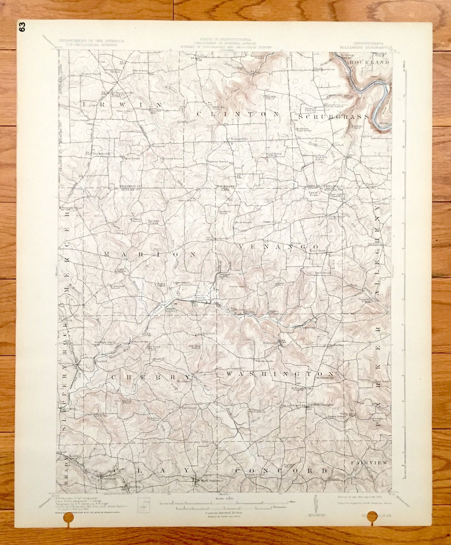 Antique Hilliards, Pennsylvania 1912 US Geological Survey Topographic Map - Washington, Cherry, Clay, Concord, Fairview, Parker, Marion