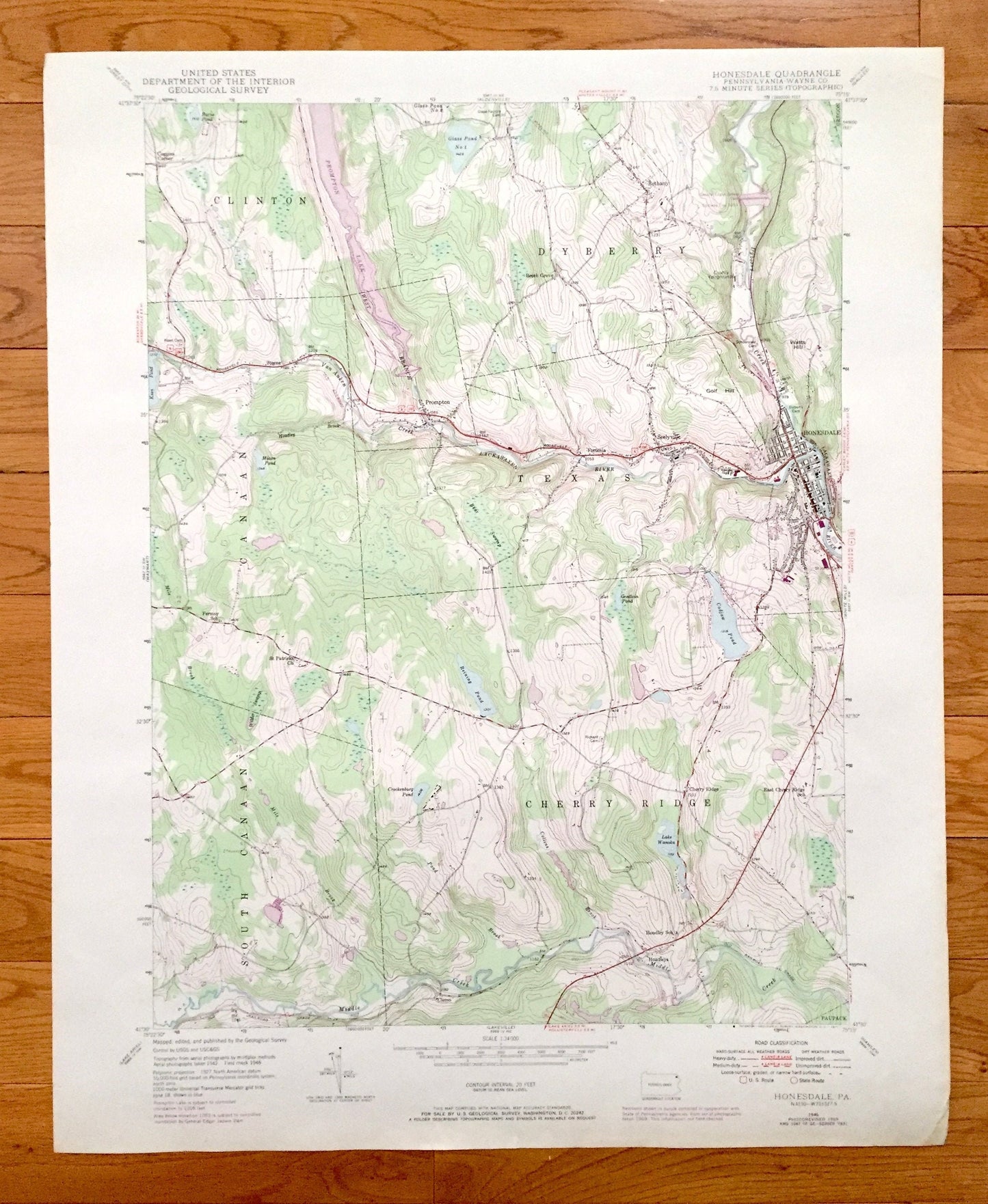 Antique Honesdale, Pennsylvania 1946 US Geological Survey Topographic Map – Wayne County, Clinton, Dyberry, Texas, Cherry Ridge, Canaan