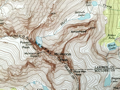 Antique McHenrys Peak, Colorado 1957 US Geological Survey Topographic Map – Rocky Mountains, Boulder, Larimer County, Spruce, Chaos Canyon