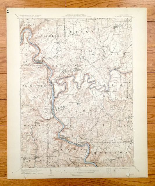 Antique Foxburg, Pennsylvania 1908 US Geological Survey Topographic Map - Scrubgrass, Rockland, Richland, Salem, Beaver, Piney, Allegheny