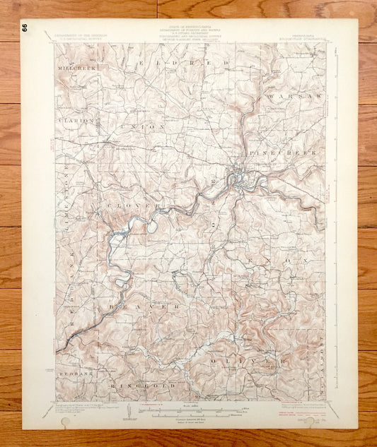 Antique Brookville, Pennsylvania 1926 US Geological Survey Topographic Map - Pine Creek, Warsaw, Eldred, Millcreek, Union, Limestone, Oliver