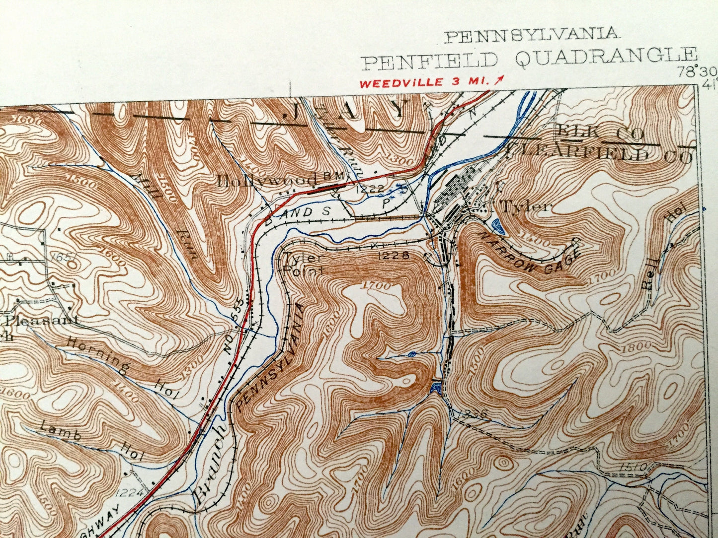 Antique Penfield, Pennsylvania 1932 US Geological Survey Topographic Map - Huston, Horton, Snyder, Sandy, Pine, Union, Pike, Bloom, Brady