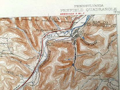 Antique Penfield, Pennsylvania 1932 US Geological Survey Topographic Map - Huston, Horton, Snyder, Sandy, Pine, Union, Pike, Bloom, Brady