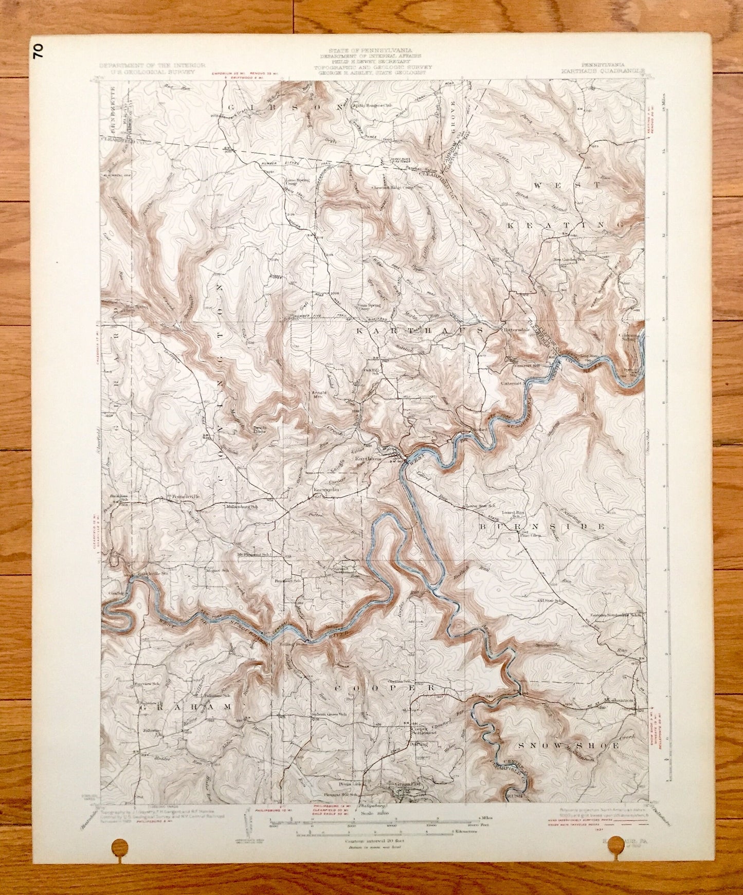 Antique Karthaus, Pennsylvania 1932 US Geological Survey Topographic Map - Graham, Cooper, Snow Shoe, Burnside, Covington, Girard, Gibson