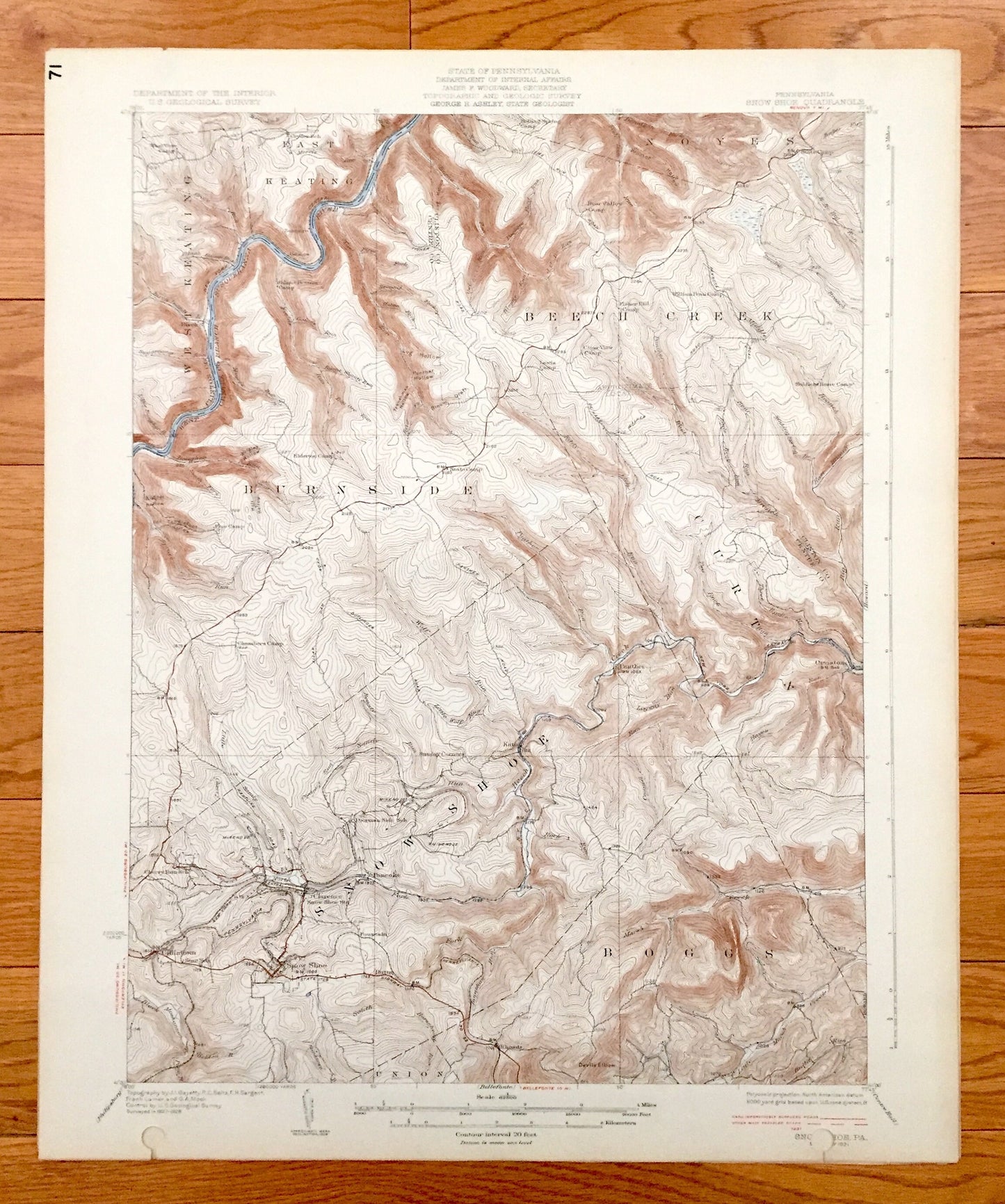Antique Snow Shoe, Pennsylvania 1931 US Geological Survey Topographic Map – Centre, Clinton County Union, Boggs, Burnside, Beech Creek, PA