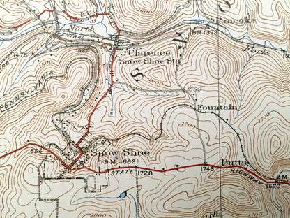 Antique Snow Shoe, Pennsylvania 1931 US Geological Survey Topographic Map – Centre, Clinton County Union, Boggs, Burnside, Beech Creek, PA