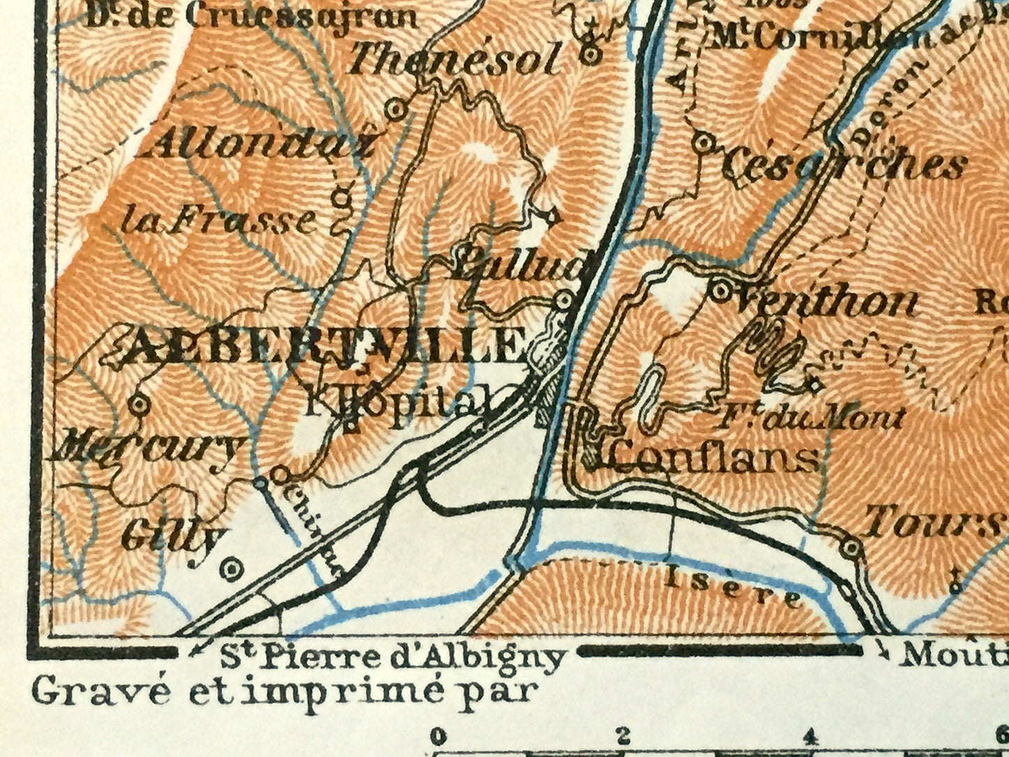 Antique 1913 Sallanches, France Map from Baedekers Guide Atlas – Taninges, Cluses, St. Jeoire, Boëge, Ugines, Thones, Beaufort, Albertville
