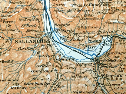 Antique 1913 Sallanches, France Map from Baedekers Guide Atlas – Taninges, Cluses, St. Jeoire, Boëge, Ugines, Thones, Beaufort, Albertville