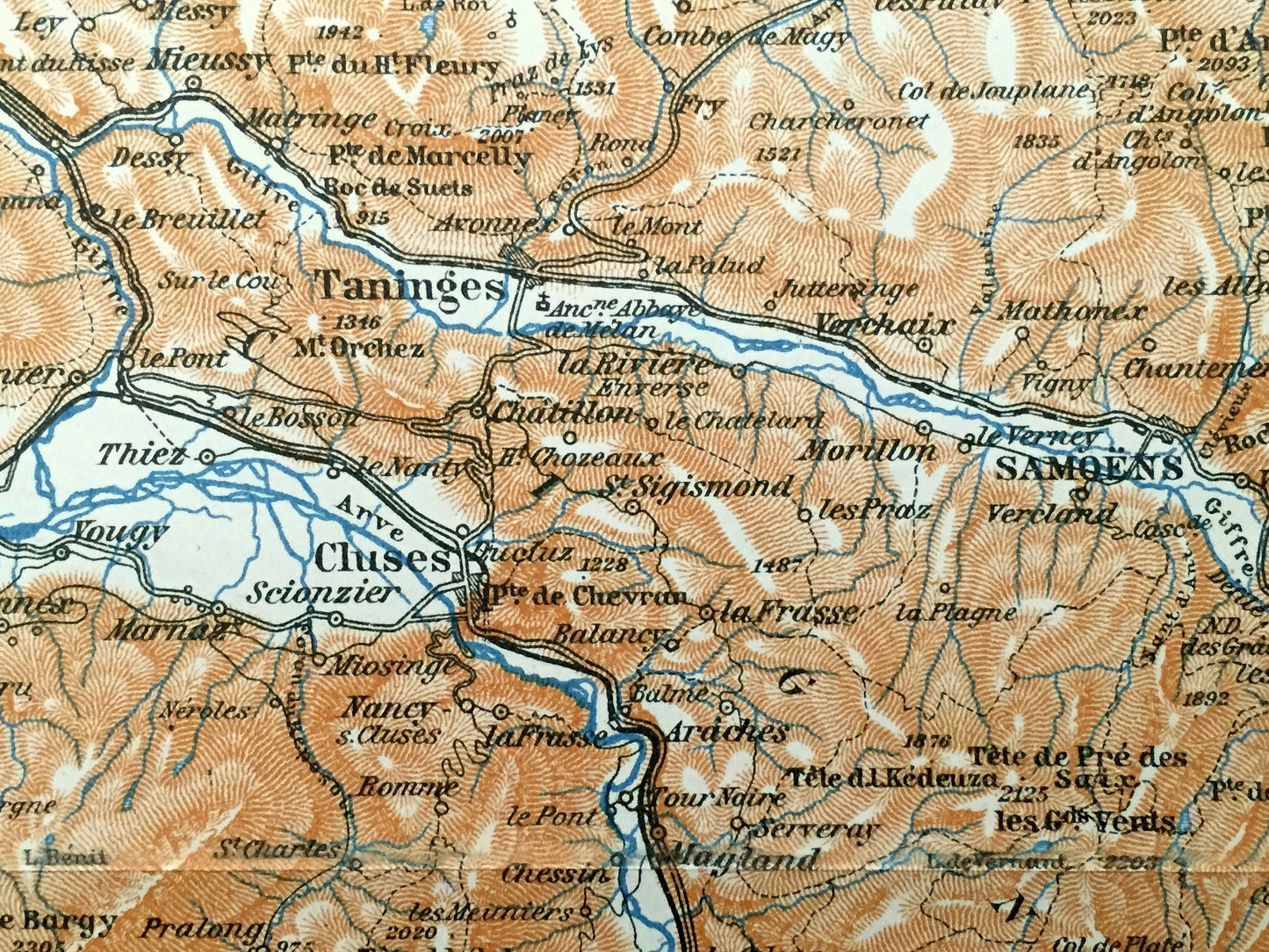 Antique 1913 Sallanches, France Map from Baedekers Guide Atlas – Taninges, Cluses, St. Jeoire, Boëge, Ugines, Thones, Beaufort, Albertville