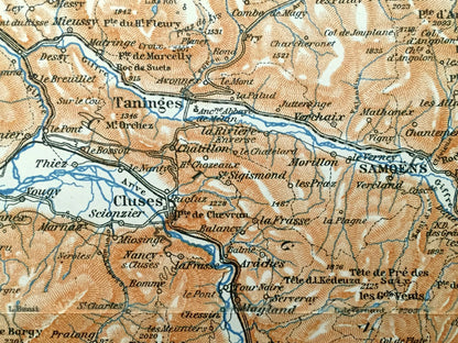 Antique 1913 Sallanches, France Map from Baedekers Guide Atlas – Taninges, Cluses, St. Jeoire, Boëge, Ugines, Thones, Beaufort, Albertville