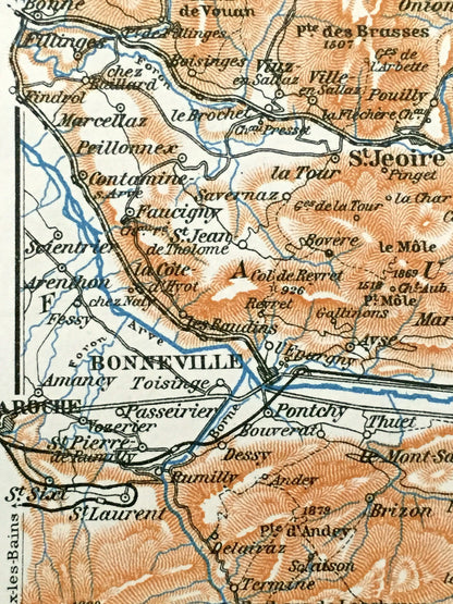 Antique 1913 Sallanches, France Map from Baedekers Guide Atlas – Taninges, Cluses, St. Jeoire, Boëge, Ugines, Thones, Beaufort, Albertville